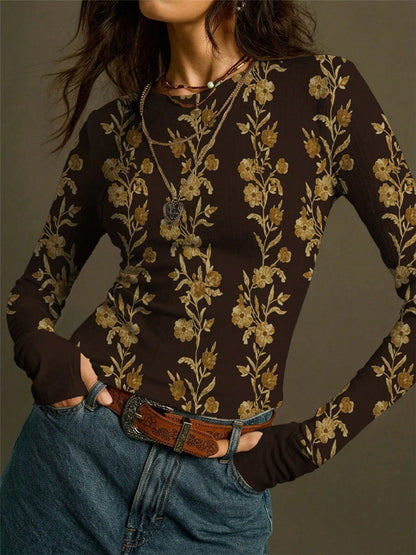 Floral Ribbed Long Sleeve Fitted Top