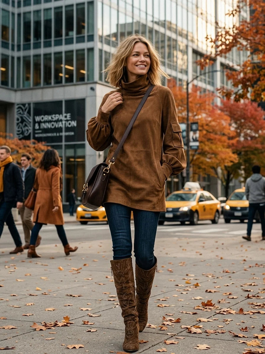 Women's Vintage Loose Suede Turtleneck Mini Dress