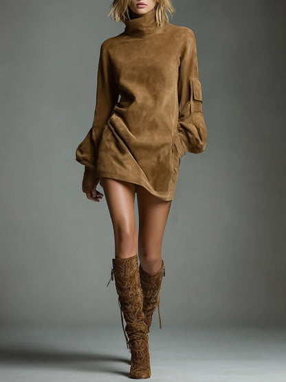 Women's Vintage Loose Suede Turtleneck Mini Dress