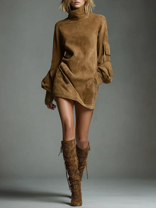 Women's Vintage Loose Suede Turtleneck Mini Dress