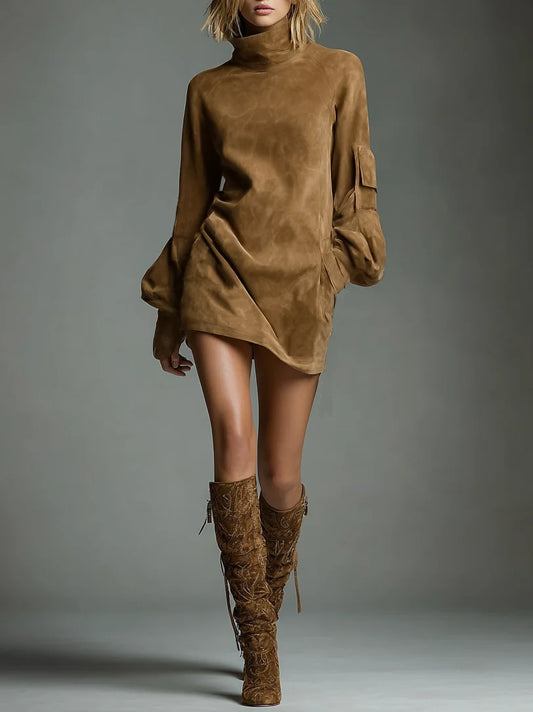 Women's Vintage Loose Suede Turtleneck Mini Dress