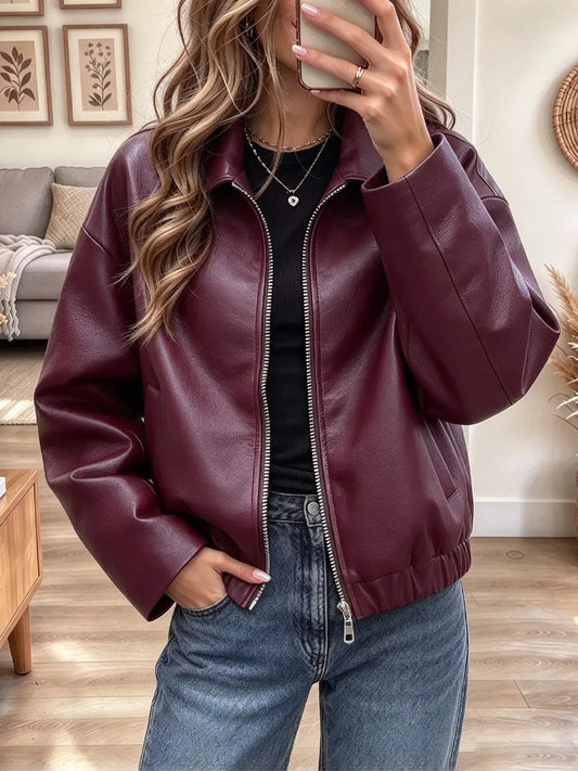 Retro Cozy Zip Art Casual Lapel Stylish Leather Long Sleeve Coat