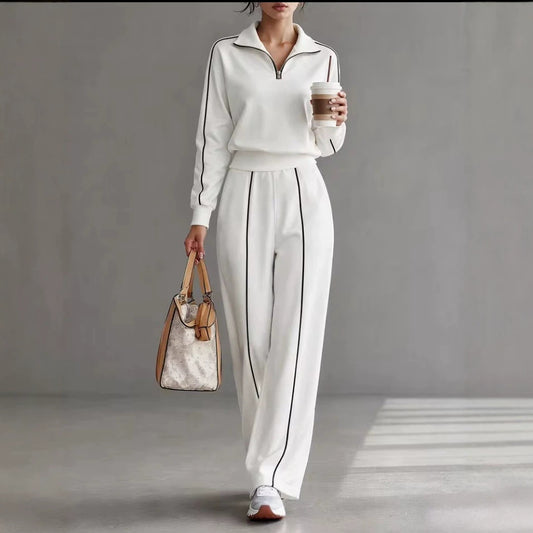 Elegant Striped Trim Half Zip Top & Wide Leg Pants Two Piece Outfit
