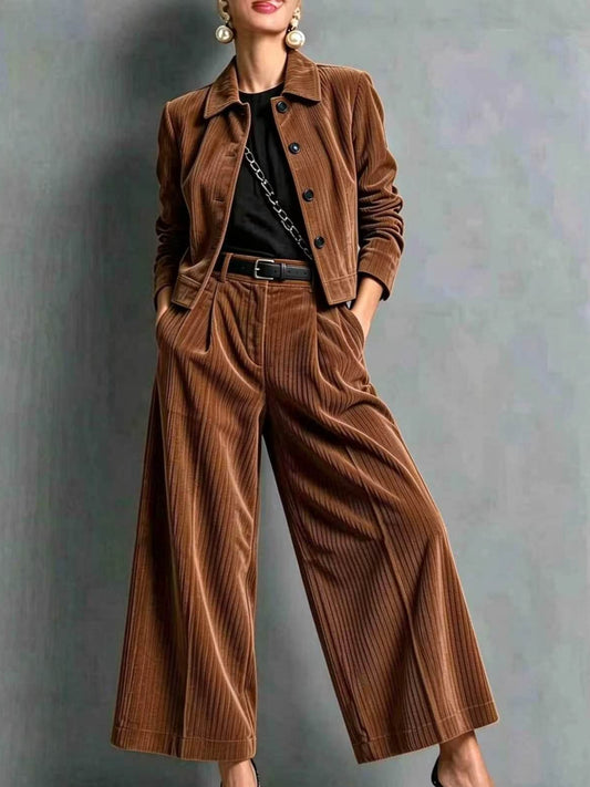 Corduroy Cropped Jacket & Wide-Leg Pants Set