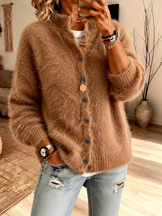Fuzzy Knit Button-Front Cardigan