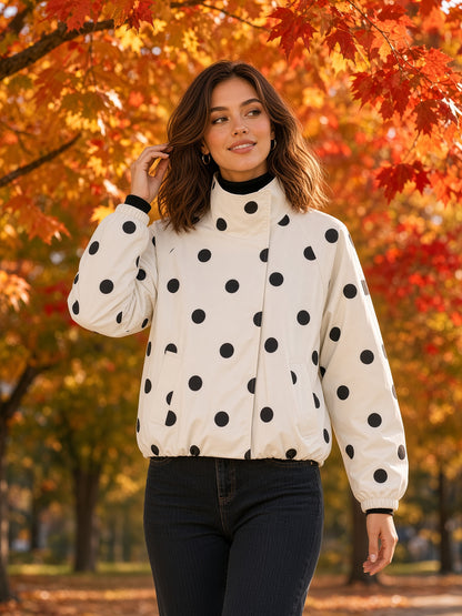 Cream Polka Dot Balloon Sleeve Jacket – High Neck Lightweight Outerwear
