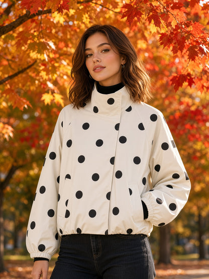 Cream Polka Dot Balloon Sleeve Jacket – High Neck Lightweight Outerwear