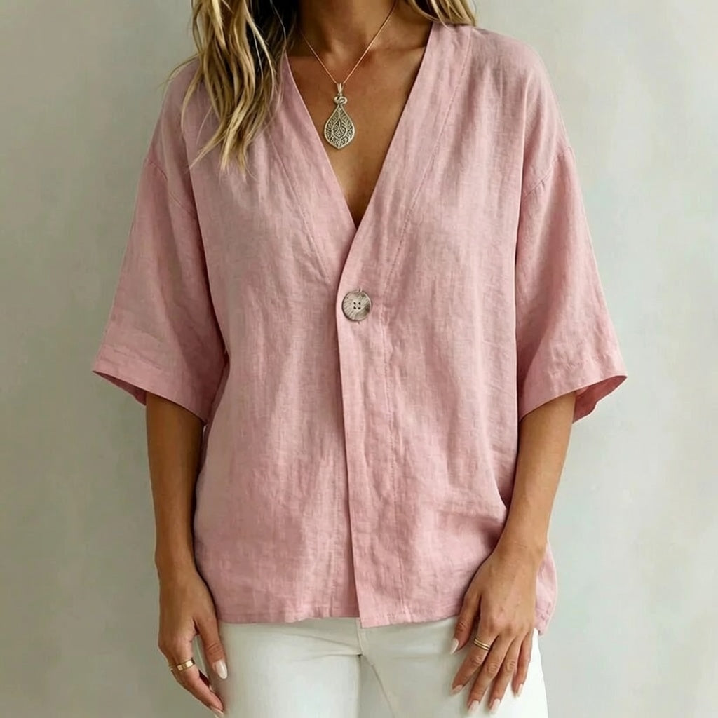 Relaxed Linen V-Neck Button-Front Shirt