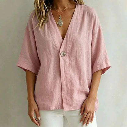 Relaxed Linen V-Neck Button-Front Shirt