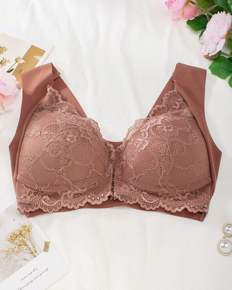 Hugmecurve® Women's Contrast Lace Hook & Eye Front PushUp Bra