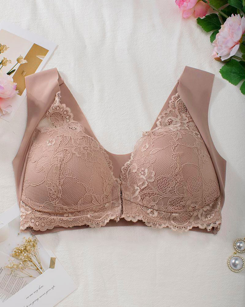 Hugmecurve® Women's Contrast Lace Hook & Eye Front PushUp Bra