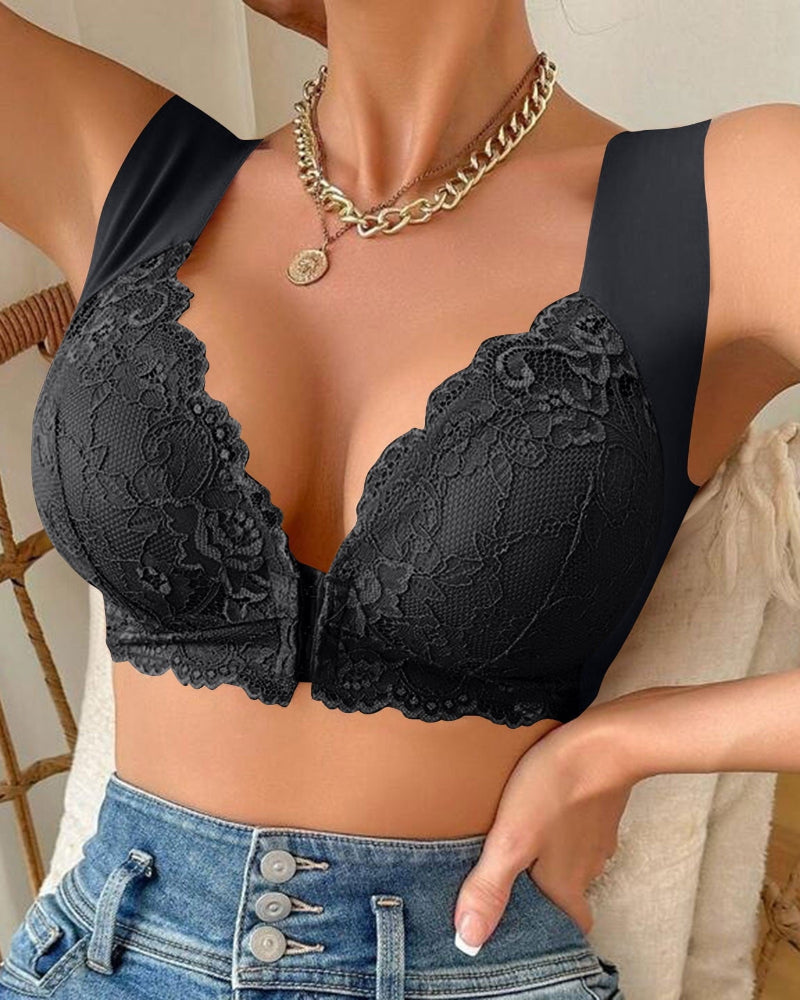 Hugmecurve® Women's Contrast Lace Hook & Eye Front PushUp Bra