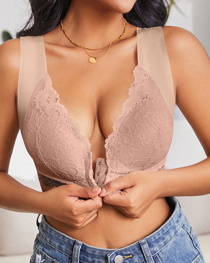 Hugmecurve® Women's Contrast Lace Hook & Eye Front PushUp Bra