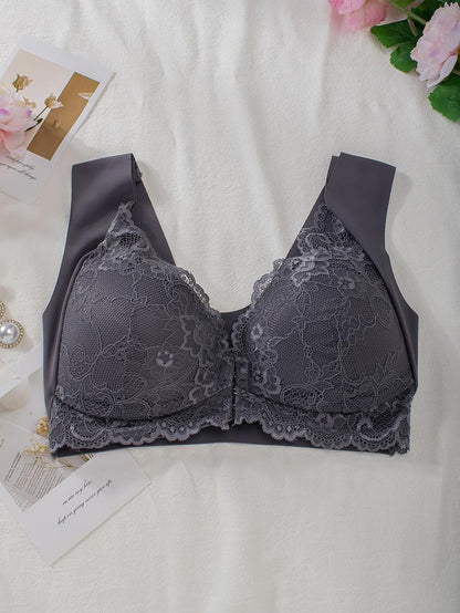 Hugmecurve® Women's Contrast Lace Hook & Eye Front PushUp Bra