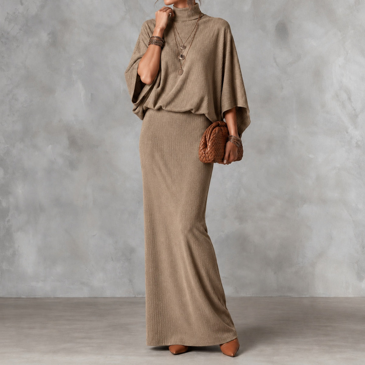 Elegant Solid Color Batwing Top Ang Skirt Two-piece Set