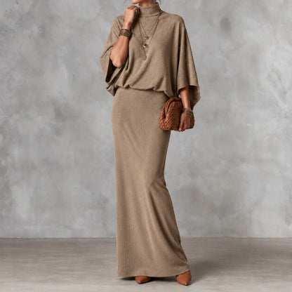 Elegant Solid Color Batwing Top Ang Skirt Two-piece Set