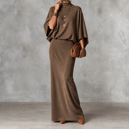 Elegant Solid Color Batwing Top Ang Skirt Two-piece Set
