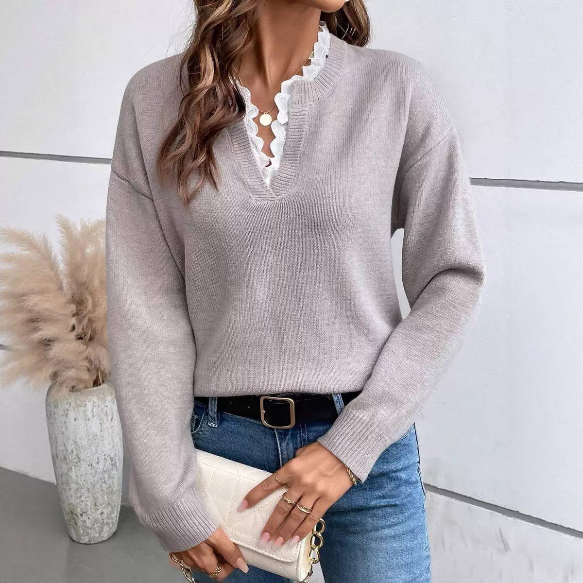 Women's Lace Trim V Neck Sweater