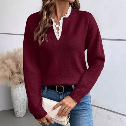 Women's Lace Trim V Neck Sweater
