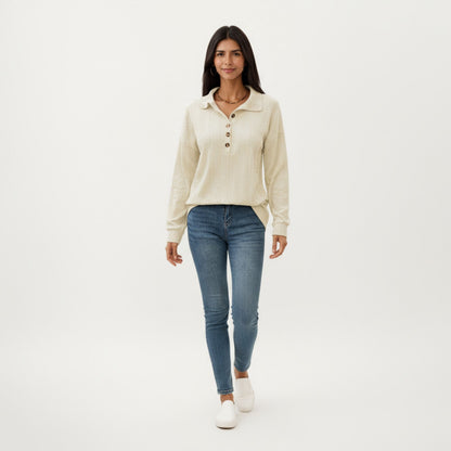Collared Long Sleeve Button-Up Top with Textured Knit Design