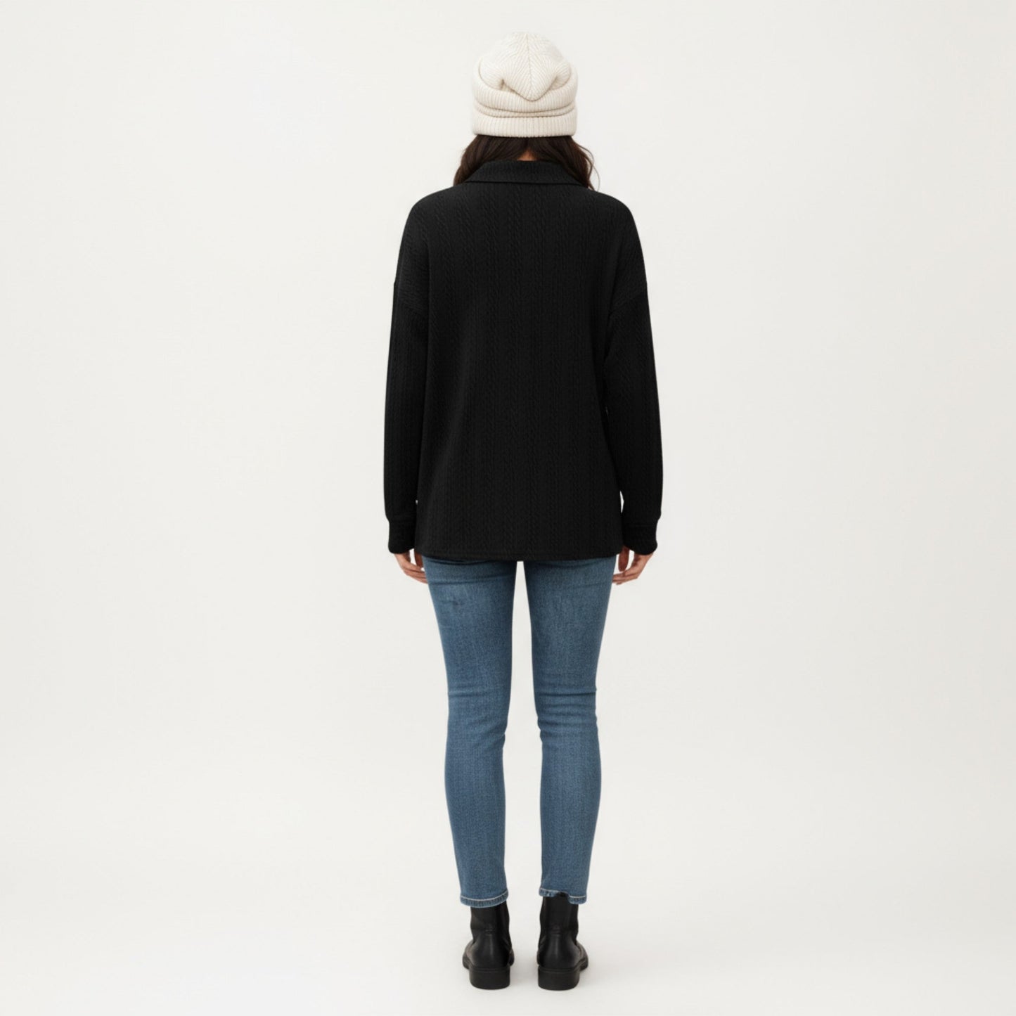 Collared Long Sleeve Button-Up Top with Textured Knit Design