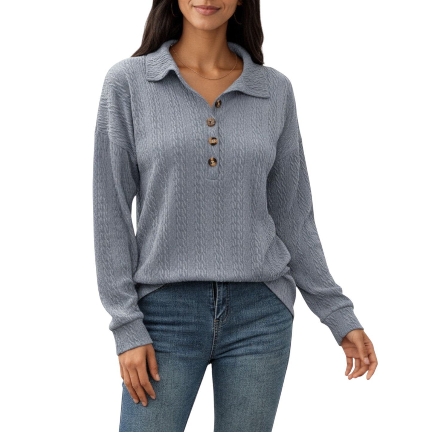 Collared Long Sleeve Button-Up Top with Textured Knit Design