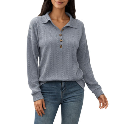Collared Long Sleeve Button-Up Top with Textured Knit Design
