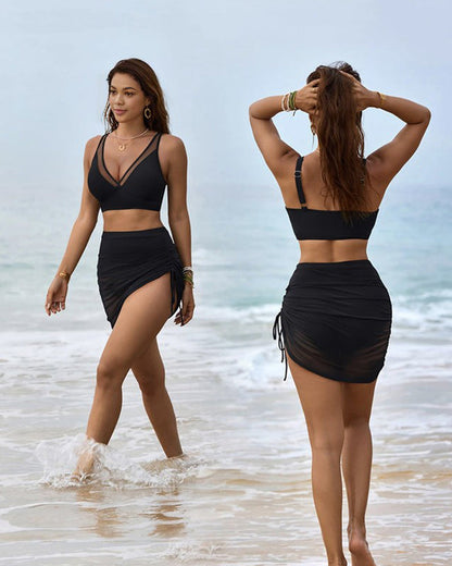 Hugmecurve Mesh High Waisted Tummy Control Sarong Wraps Bikini Set