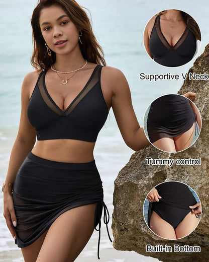 Hugmecurve Mesh High Waisted Tummy Control Sarong Wraps Bikini Set