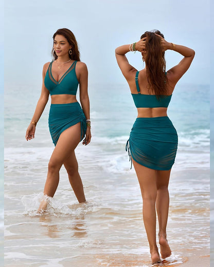 Hugmecurve Mesh High Waisted Tummy Control Sarong Wraps Bikini Set