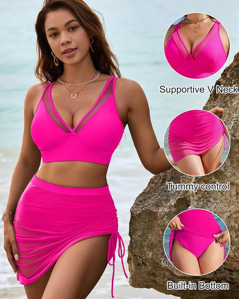 Hugmecurve Mesh High Waisted Tummy Control Sarong Wraps Bikini Set