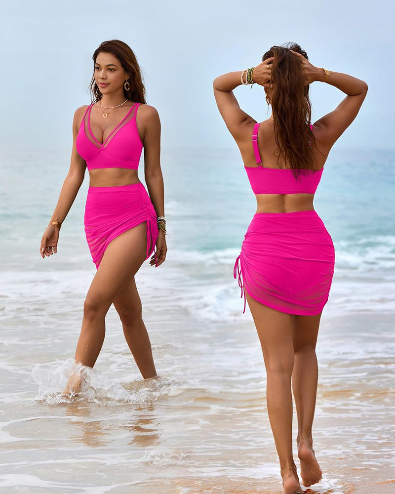 Hugmecurve Mesh High Waisted Tummy Control Sarong Wraps Bikini Set