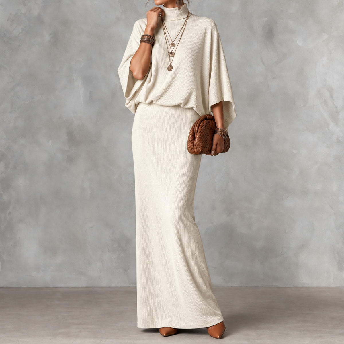 Elegant Solid Color Batwing Top Ang Skirt Two-piece Set