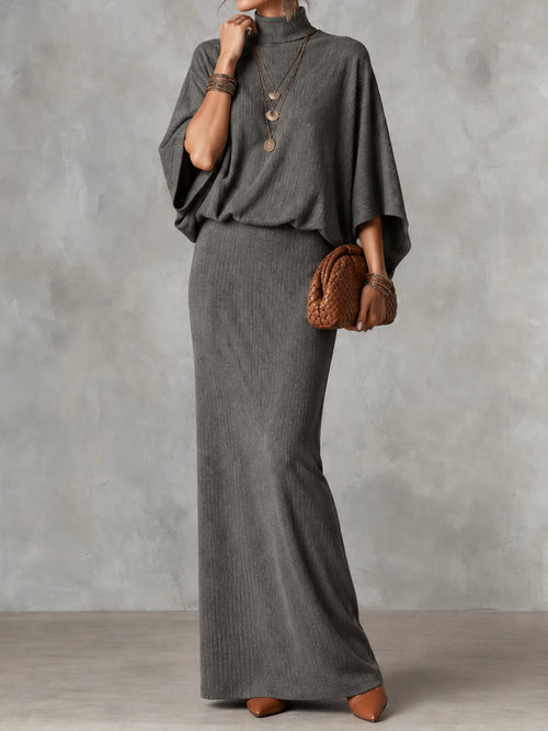Elegant Solid Color Batwing Top Ang Skirt Two-piece Set