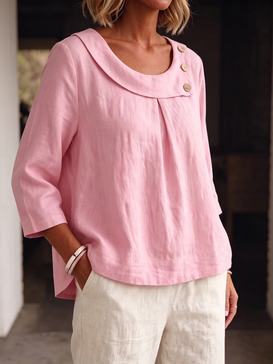 Asymmetrical Button Collar Linen Top
