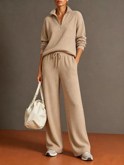 Vertical Rib Half Zip Stand Collar Two Piece Loungewear Set
