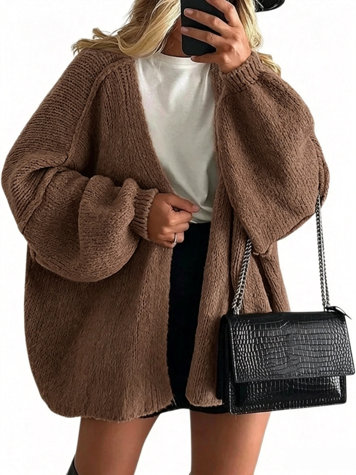 Women's Solid Color Chunky Knit Open Front Lantern Sleeve Mid-Length Cardigan