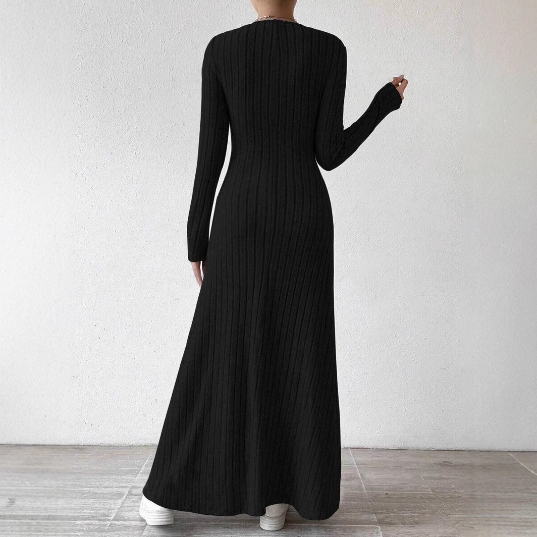 V-Neck Vertical Ribbed Knit Long Sleeve A-Line Maxi Dress