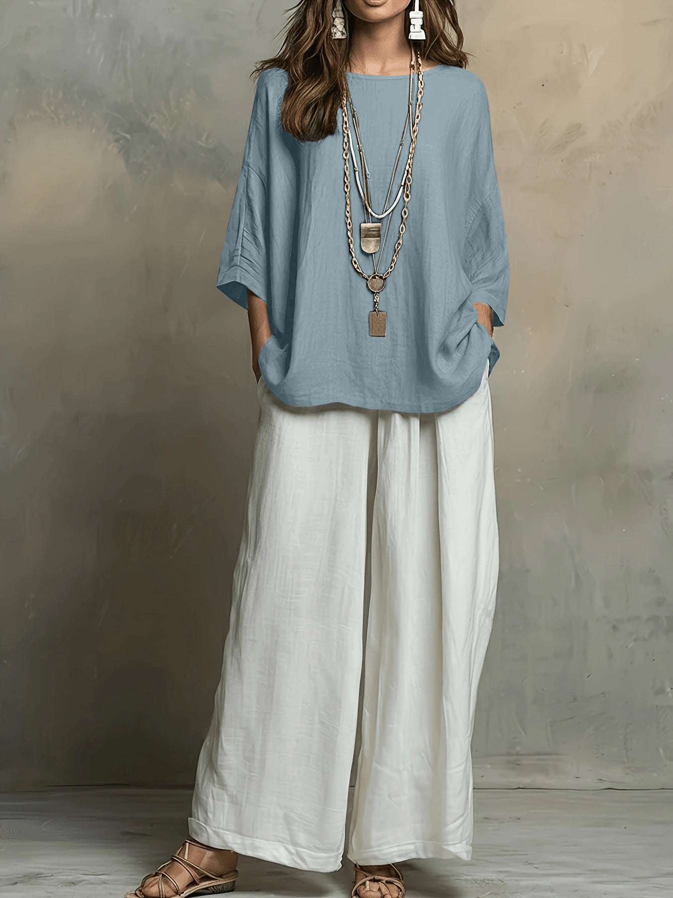 Linen Oversized Top & White Wide Leg Pants Two Piece Linen Set
