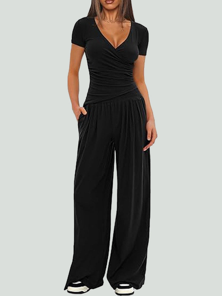Women Solid Wrap V Neck Ruched Long Sleeve Top Elastic High Waist Pocket Wide Leg Casual Loungewear Co-ord Set