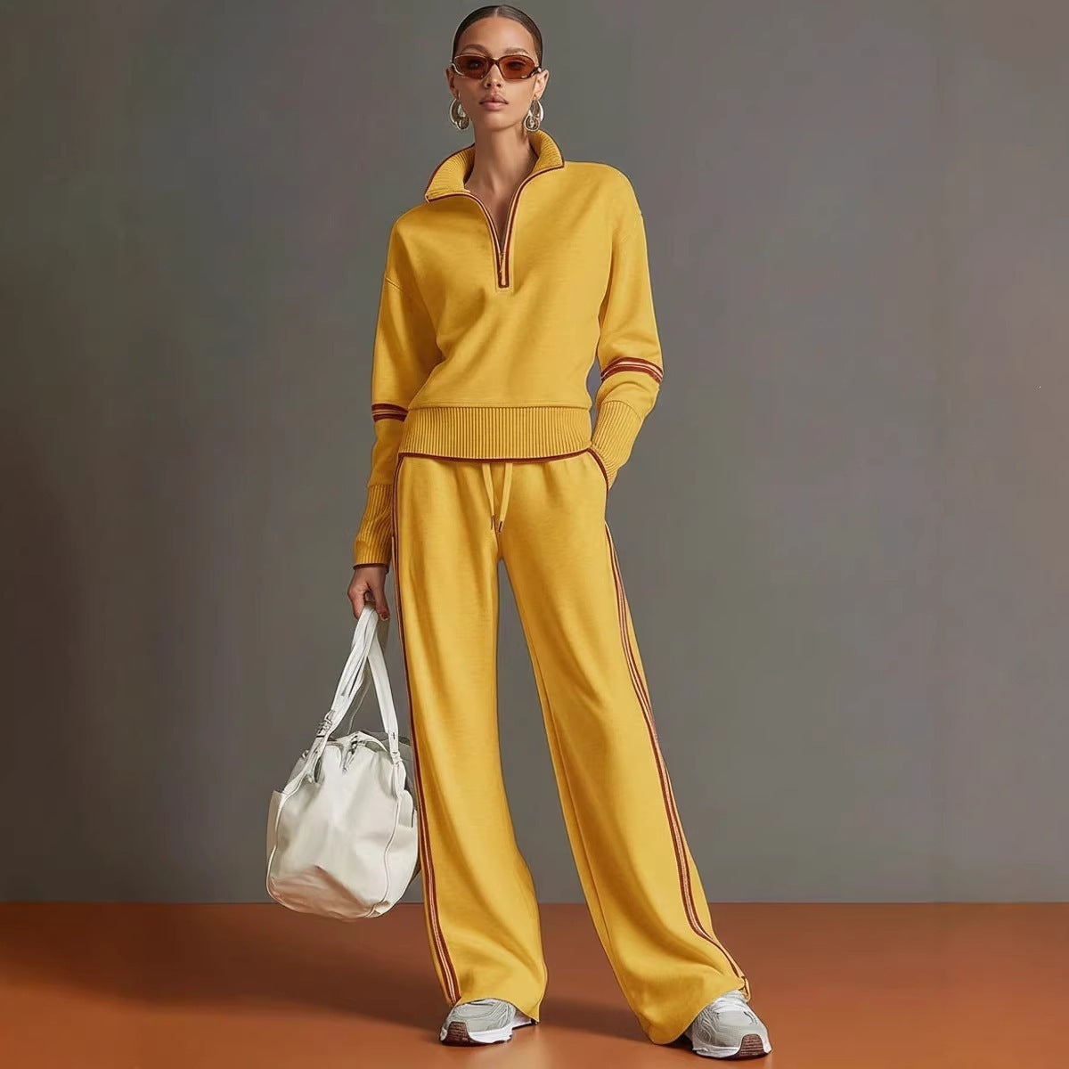 Casual Sports Suit Contrasting Color Stand-Up Collar Sweatshirt Wide-Leg Pants Suit