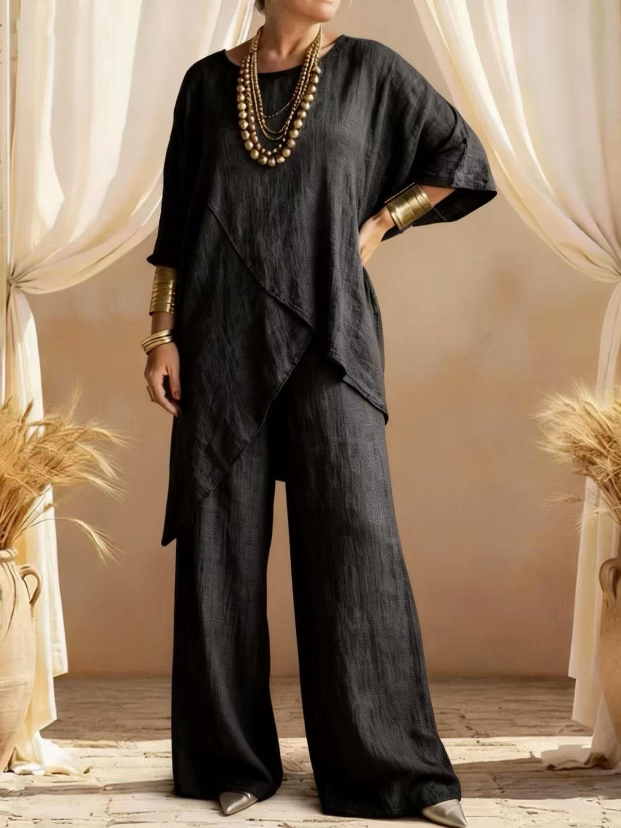 Linen Asymmetric Overlap Top & Wide Leg Pants Two Piece Set