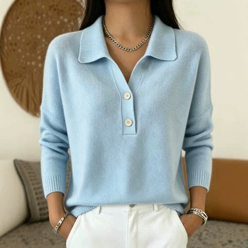 Polo Collar Half Button Fine Knit Long Sleeve Sweater