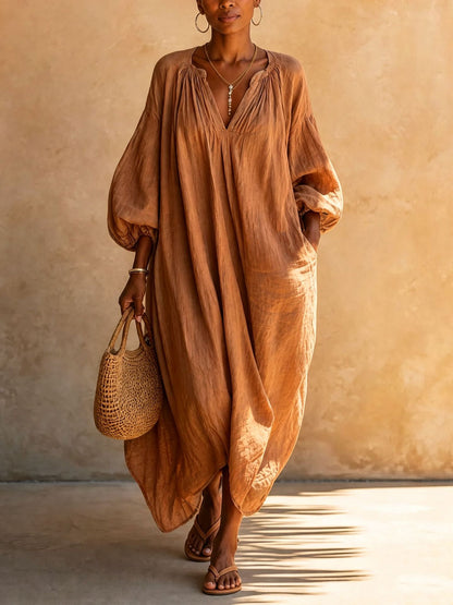 Boho Vacation Puff Sleeve Kaftan Maxi Dress