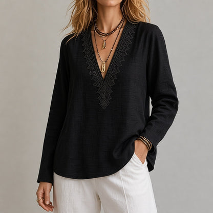 Embroidered V-Neck Blouse – Soft Textured Long Sleeve Top