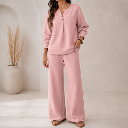 Fashion Loose Long-Sleeved Tops Wide-Leg Pants Casual Two-Piece Set For Women