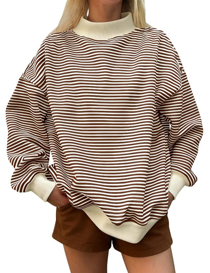 Oversized Striped Mock Neck Sweatshirt