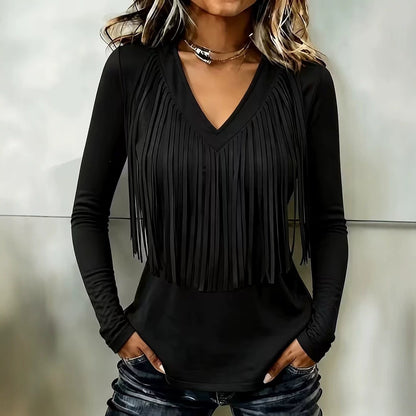 Vintage Elegant Cotton Blend Patchwork Fringed T-shirt