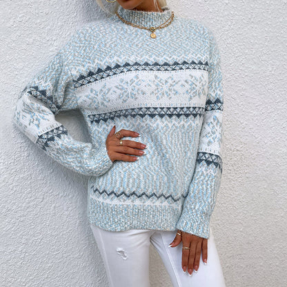 Mock Neck Snowflake Jacquard Long Sleeve Knit Sweater