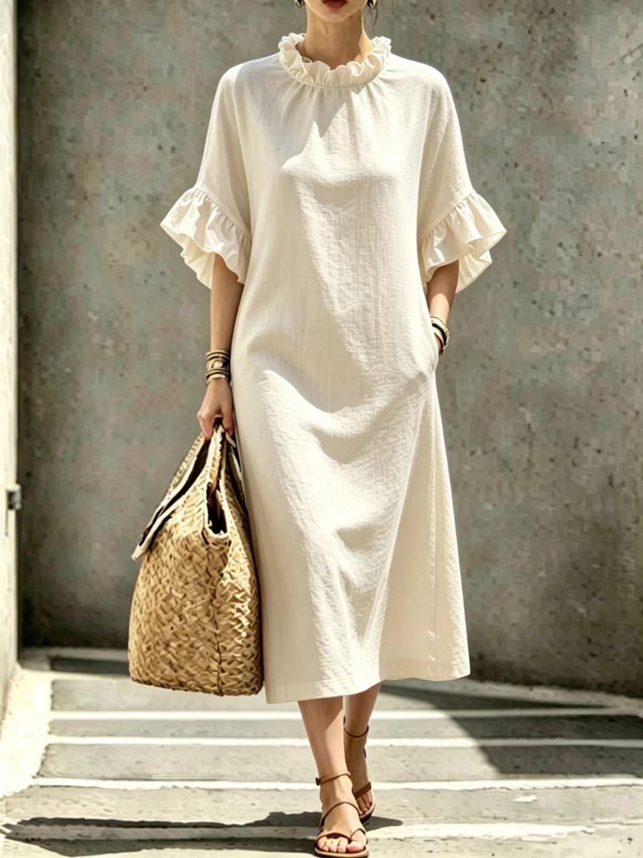 Textured Linen Ruffle Neck Flounce Sleeve Midi Shift Dress